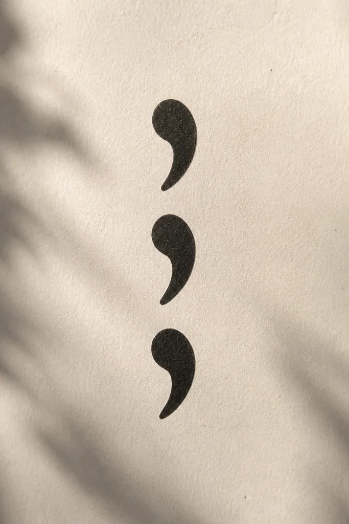 A vertical stencil of three small comma shapes stacked with slight spacing. Each comma has a curved tail and a tapered top, aligned along the same center line.
