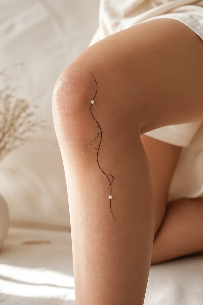 A thin wavy vertical line stencil on the inner knee. At the top and bottom are two small oval "pearl" shapes, connected by the single wavy line.