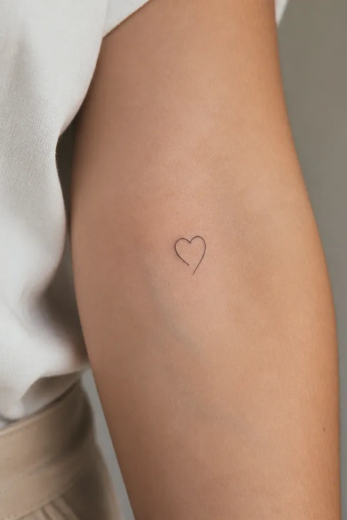 A tiny heart stencil drawn with a single thin line. The bottom point is split into two small tapered strokes, like a forked tip.