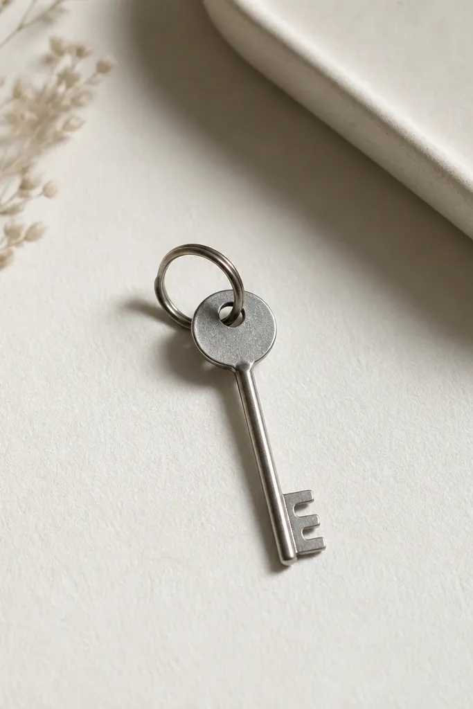 A slender key stencil with a tiny round head and a small circle ring near the bow. The key teeth are simplified to three short notches.