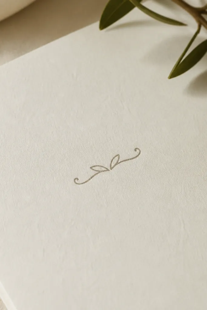 A tiny laurel branch stencil with two gentle curls on the ends. The center is a thin stem line with two short leaf-like curls drawn as smooth arcs.