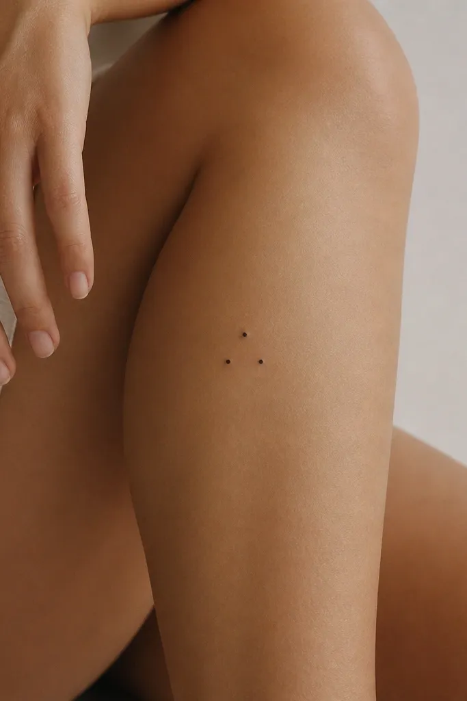 A small triangle made from three dots on the inner knee. The triangle points down, with one dot at the top and two at the base.