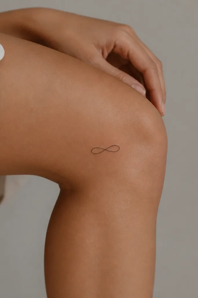 A small infinity symbol stencil placed on the outer knee. The loops are narrow and elongated, drawn with a single thin line.