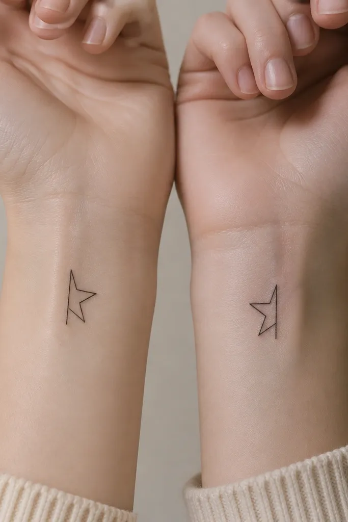 A small minimalist star line drawing on one wrist area split vertically; the other wrist area shows the complementary half star line drawing, both in thin black lines with no fill.