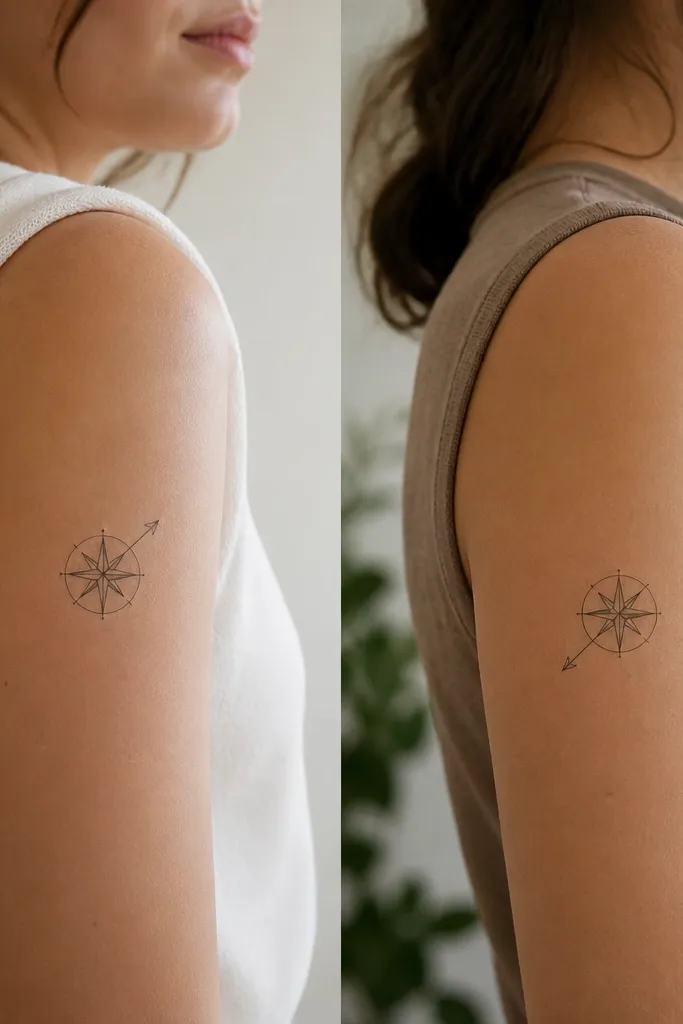 A small compass rose on the upper arm with thin black lines; one tattoo has a tiny arrow pointing up-right, the other has the arrow pointing down-left, with no shading.