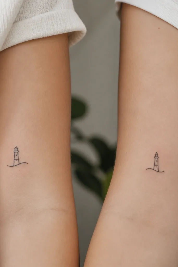 A tiny lighthouse outline in black linework with one simple curved wave line under it; the second tattoo shows the lighthouse with the wave line on the opposite side.