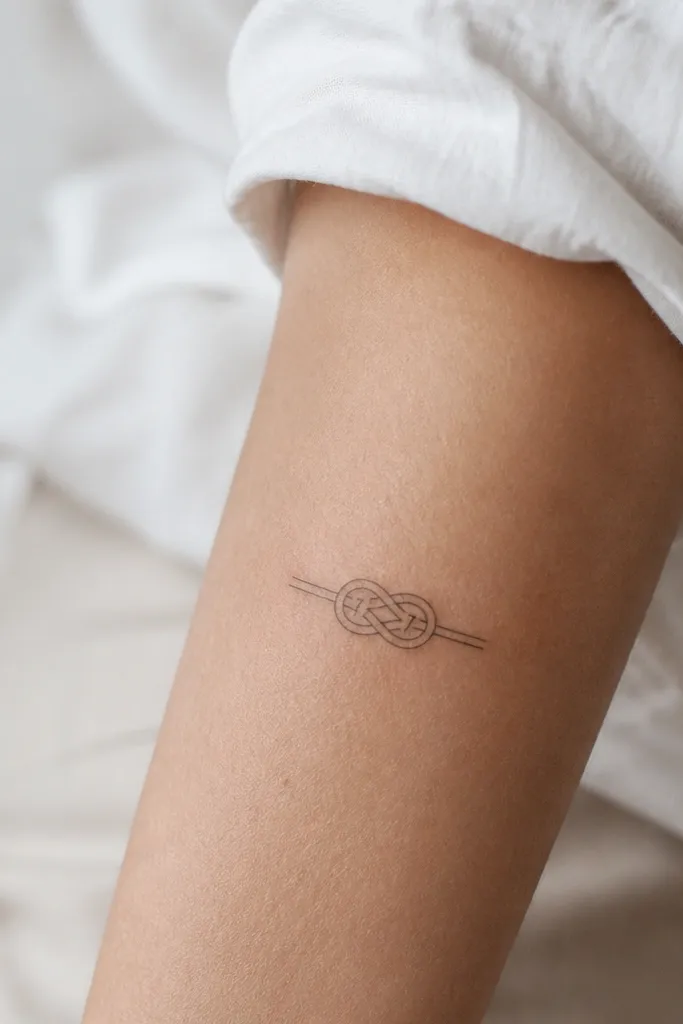 A small minimalist sailing knot drawn with thin black lines; in the knot's loops, faint-looking tiny digits appear as part of the linework.