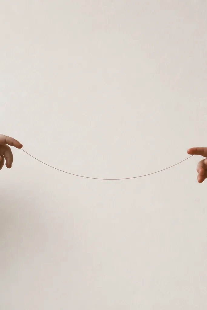 Minimal line drawing of two tiny hands reaching toward each other; between them is one thin thread line that curves like a gentle arc.