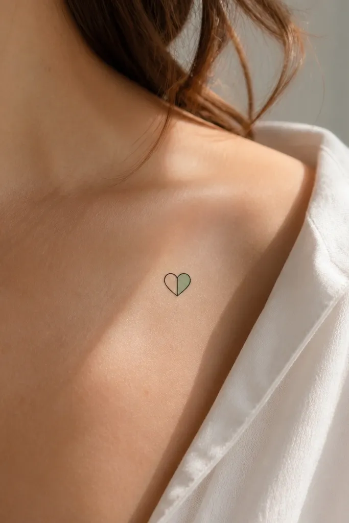 A small heart split down the middle; one half is outlined in black only, the other half has a tiny sage-green fill. The outline is thin and crisp.