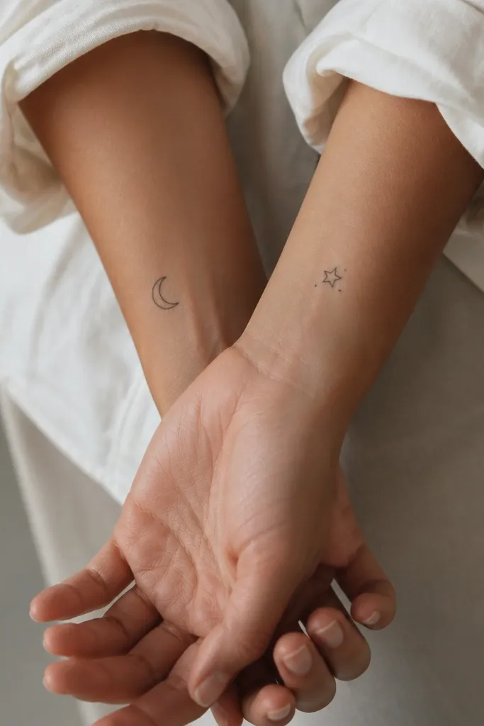 A tiny crescent moon outline on one wrist area; on the other wrist area a small five-point star outline with a single dot near it. Both are in thin black ink.
