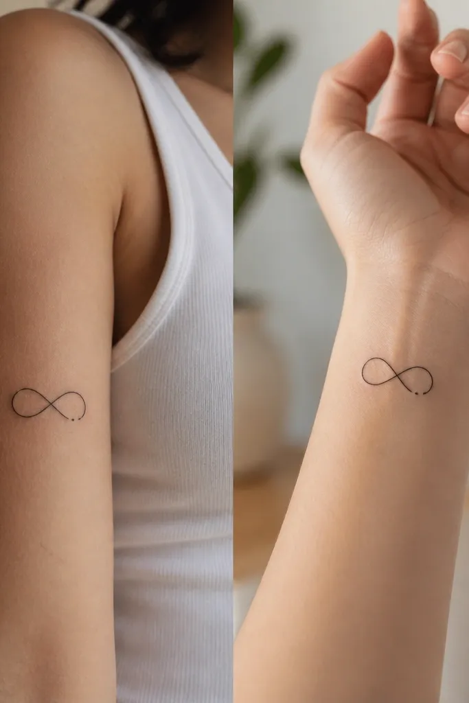 A minimalist infinity symbol in black linework; one loop has a tiny dot on the inside edge. The dot is the same size on both tattoos.
