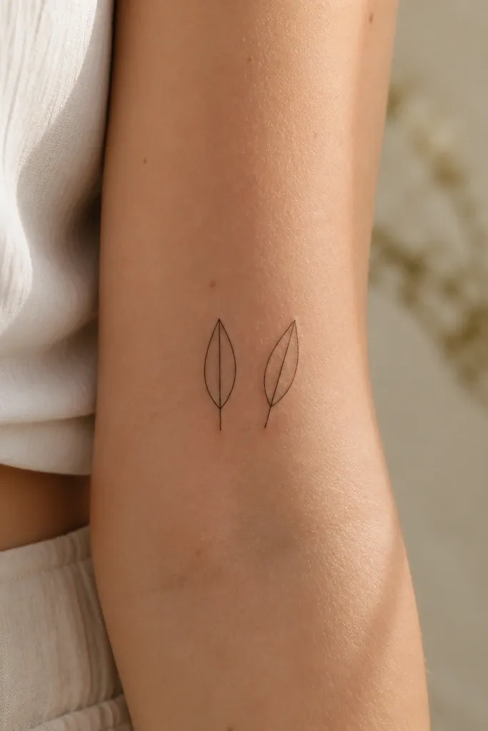 Two small minimalist leaf tattoos in black linework. One leaf has a single center vein line running straight; the other leaf has the center vein angled slightly. No fill, just lines.