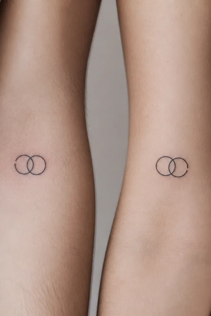A small minimalist drawing of two thin black rings interlocked like a chain link; one ring has a tiny break line on one side in one tattoo and on the opposite side in the other.