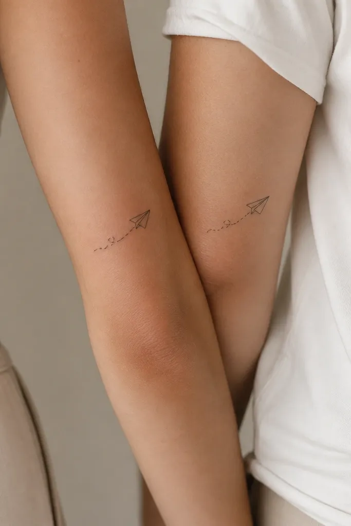 A small black line drawing of a paper airplane angled upward; behind it is one single dot trail. The other tattoo has the airplane angled slightly differently but keeps the same dot placement.