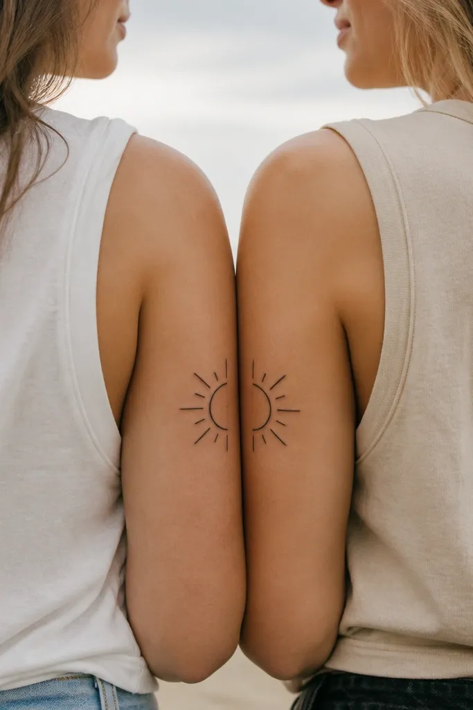 A clean half-circle sun with a few short rays, one person has the left half on the upper arm; the other has the right half on the same spot so the full sun forms when you stand side by side.