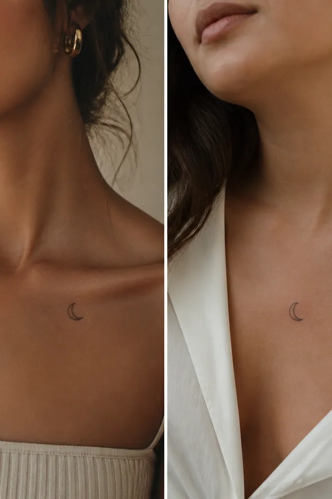 A small crescent moon with a thin outline and a subtle shaded crescent cutout, placed on the collarbone for one person and on the upper chest for the other.
