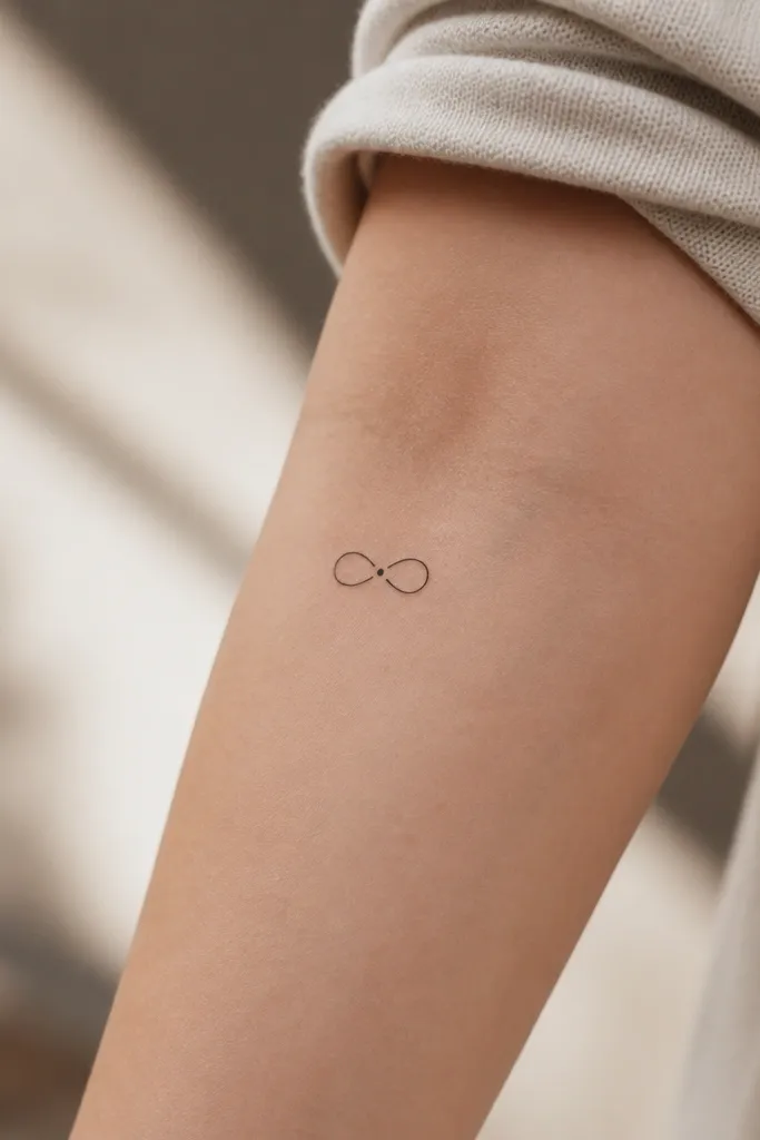 A tiny infinity symbol drawn in fine black line, with a single solid dot placed where the loop almost meets, giving a deliberate pause.