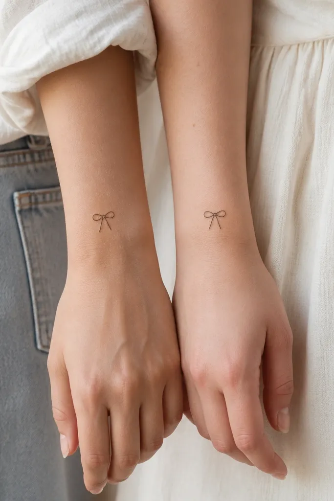 A tiny ribbon knot drawn as a single clean outline, with two small tails hanging down. The knot sits just above the wrist on both friends, one mirrored left-right.