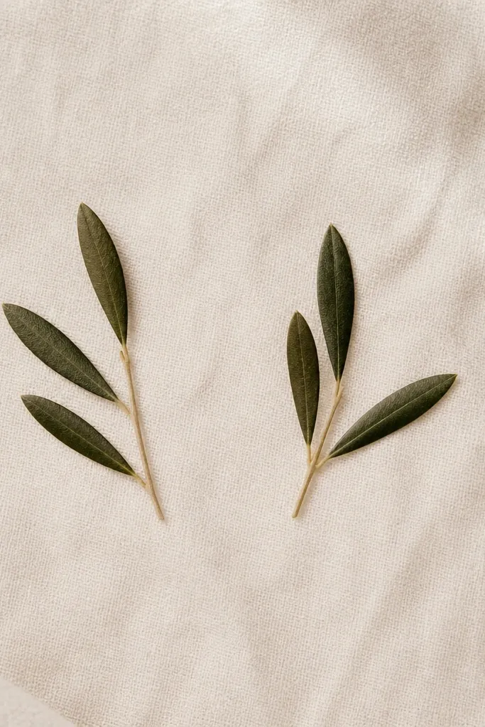 Two small olive sprigs made of tiny leaf shapes and a thin stem, one friend has three leaves on the left side of the stem, the other has three leaves but in a slightly different arrangement.
