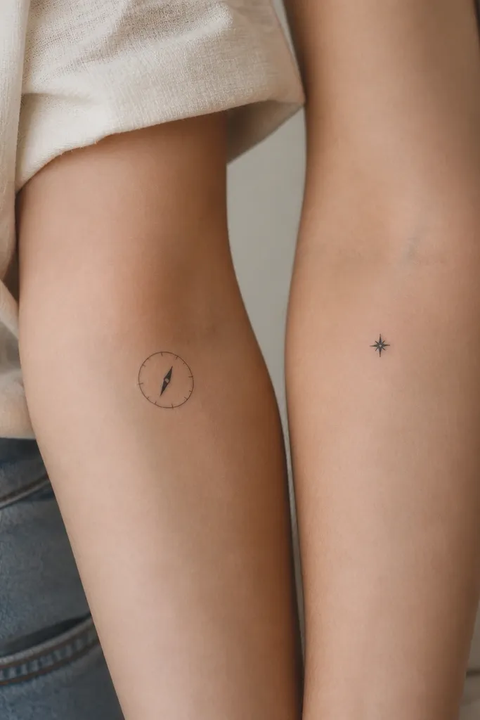 A small compass circle with a single needle and minimal tick marks for one friend; the matching tattoo is a tiny filled north star on the other friend's matching location.