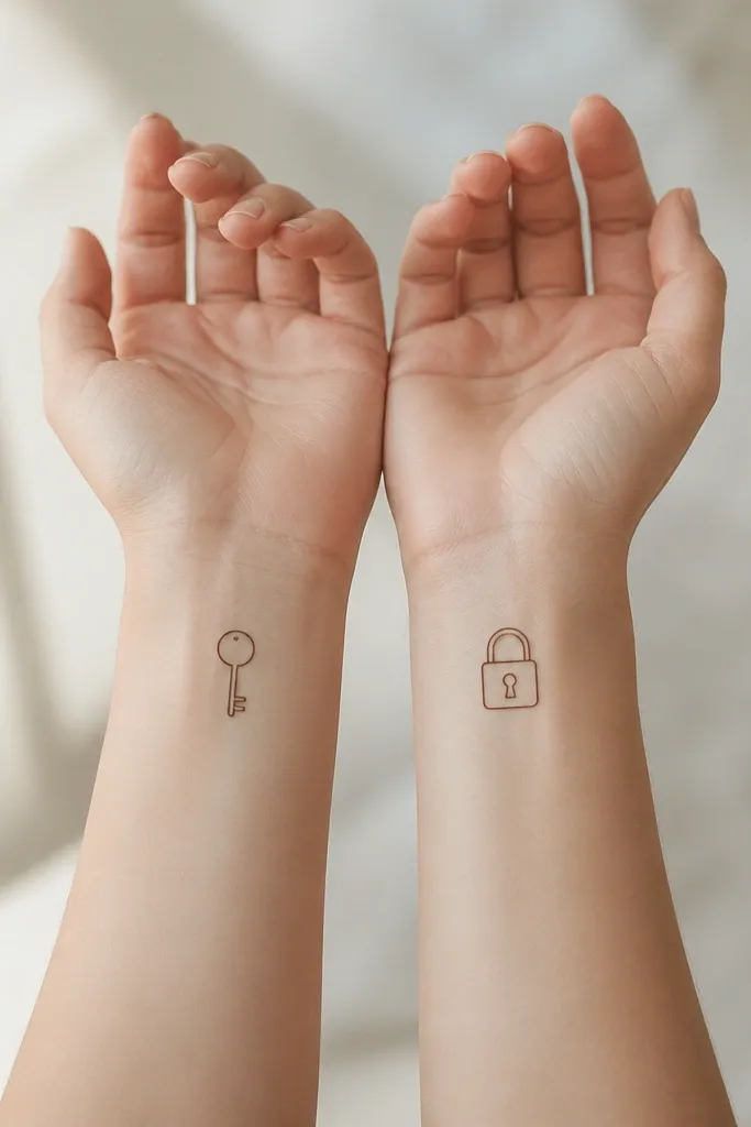 A minimal key outline with a short tooth pattern on the left wrist; the matching lock outline sits on the right wrist with the same line thickness and the same overall width.