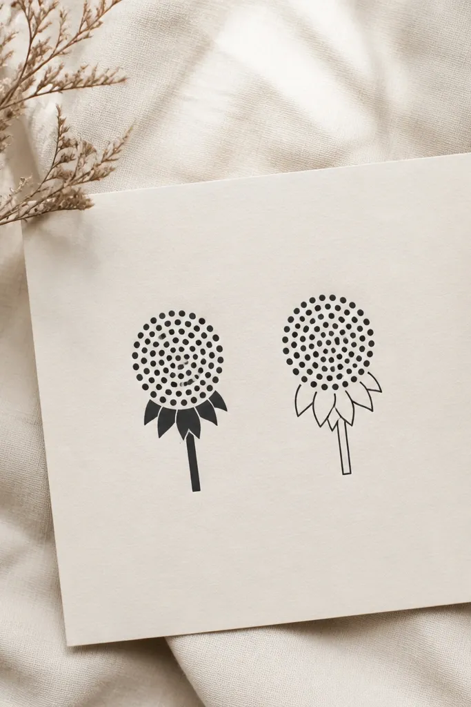 Two small sunflower buds made of a seed head circle of dots and a simple bud shape below, one bud in solid black with dot seeds and the other in the same style.