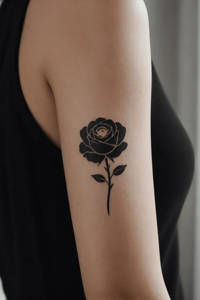 A black rose on the upper arm with chunky petal shapes filled solid black, a single crisp stem line, and a small negative-space gap in the center.