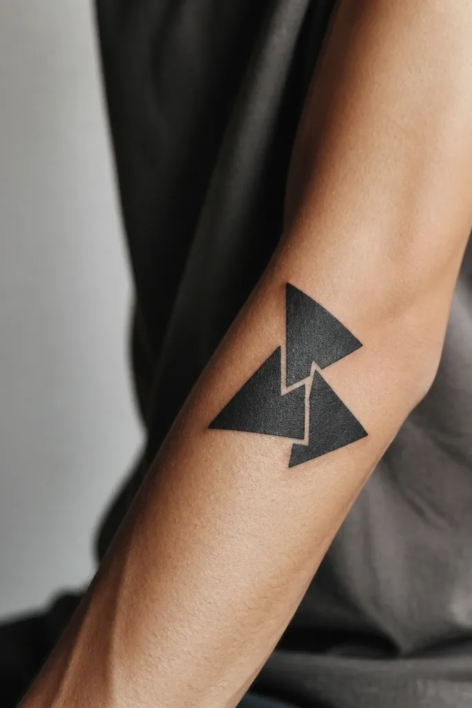 A set of three overlapping black triangles on the upper forearm, with sharp edges and thin gaps of skin between the triangles.