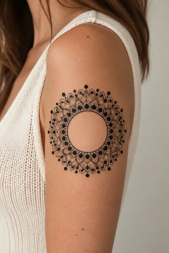 A black mandala on the upper arm with only four main rings, thick dot clusters, and a larger-than-usual negative-space circle in the center.
