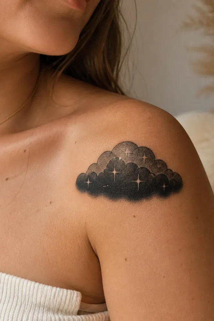 A small black cloud on the wrist with a solid dark underside, and a few tiny white ink spark points scattered near the edges.