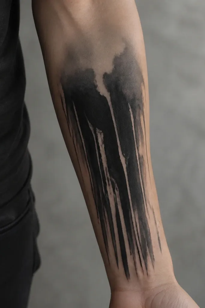 A vertical piece on the forearm showing thick black "waterfall" drips with thin negative-space gaps, and a soft gray-to-black gradient mist behind.