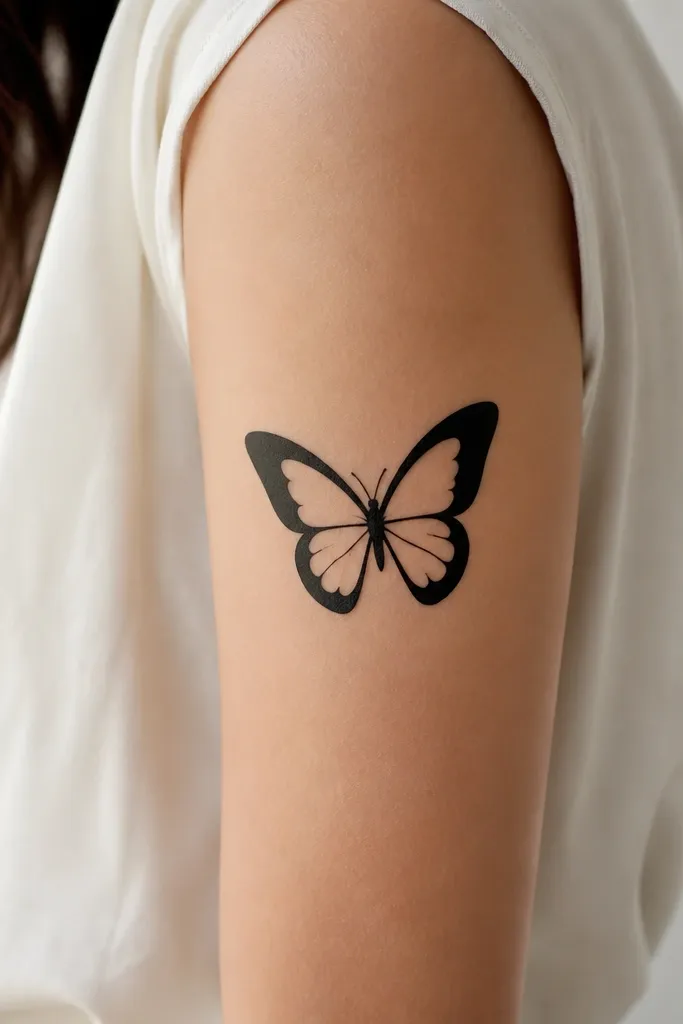 A black butterfly on the upper arm with solid black outer wing edges, negative-space centers shaped like the wings, and a small black body.