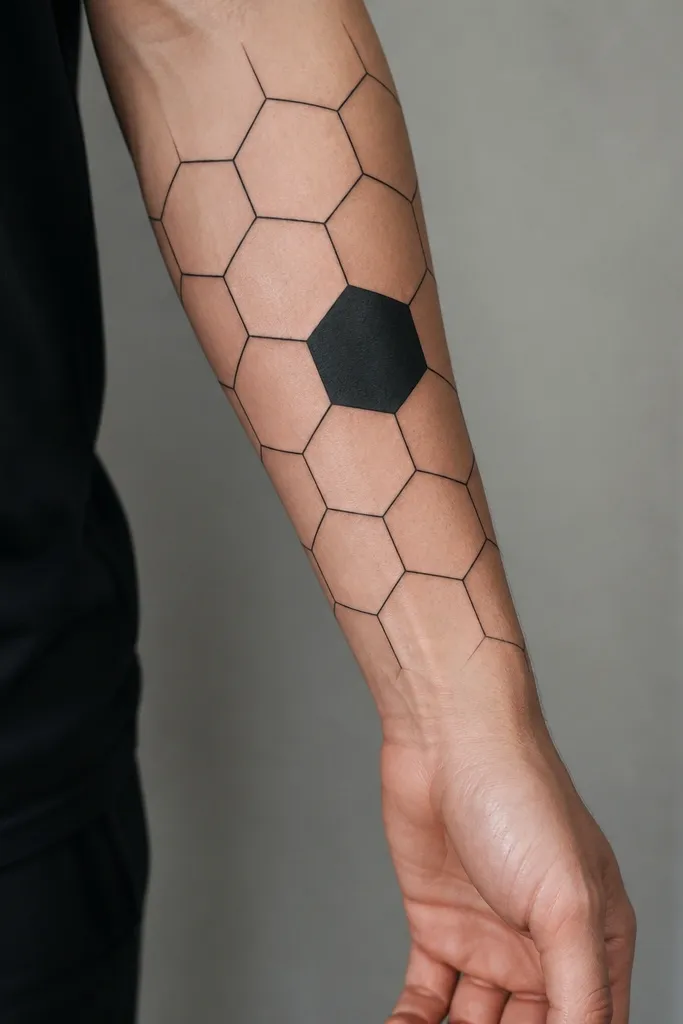 A black forearm tattoo featuring a hexagon grid pattern with thin outlines, plus one large hexagon filled solid black in the center.