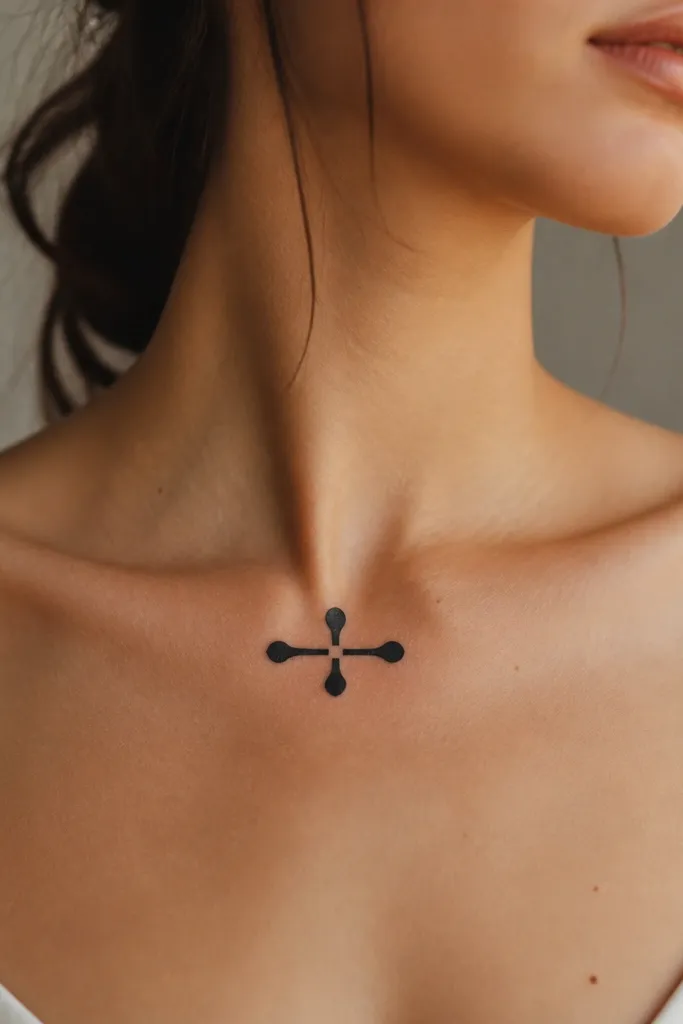 A black cross on the collarbone with a barbell shape for each arm, rounded ends, and a clean negative-space gap at the center.