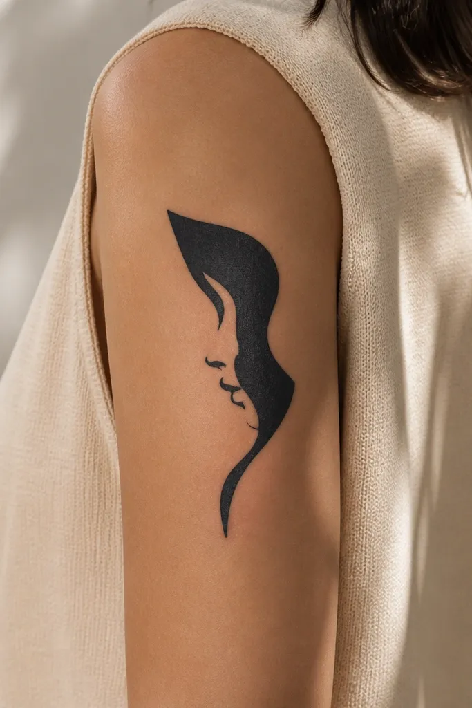 An abstract black profile on the upper arm made from solid shadow shapes, with a few negative-space lines suggesting the nose and lips.