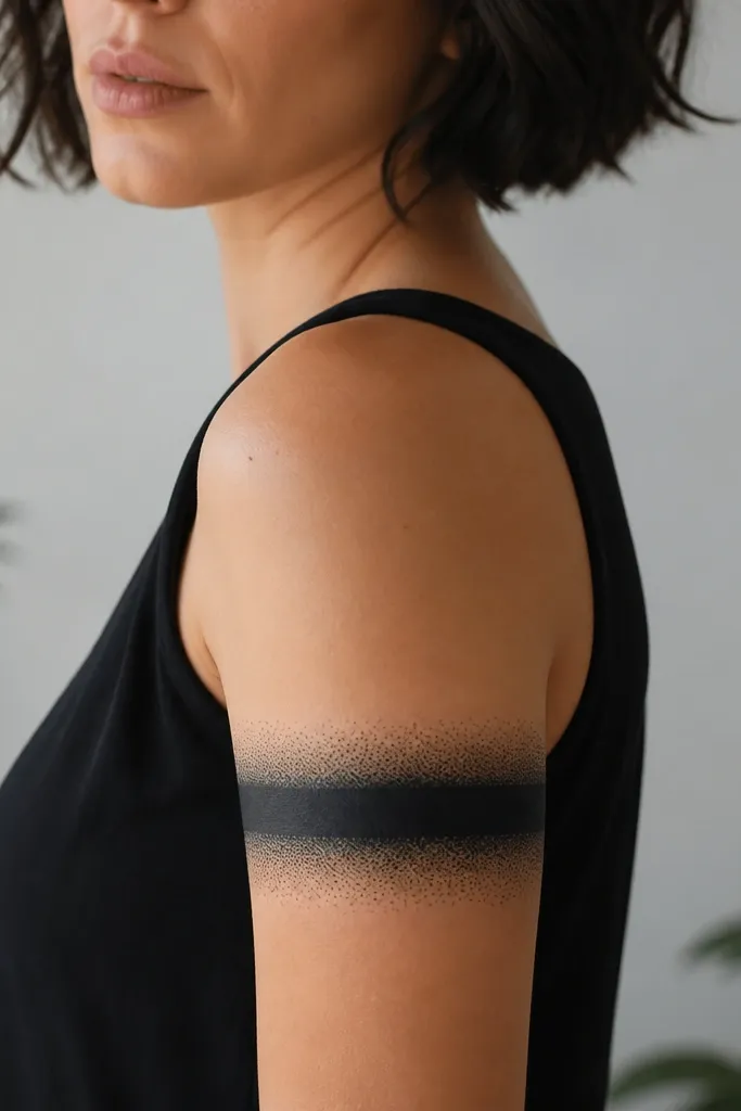 A horizontal black band across the upper arm with a solid middle stripe and tiny speckle texture fading outward.