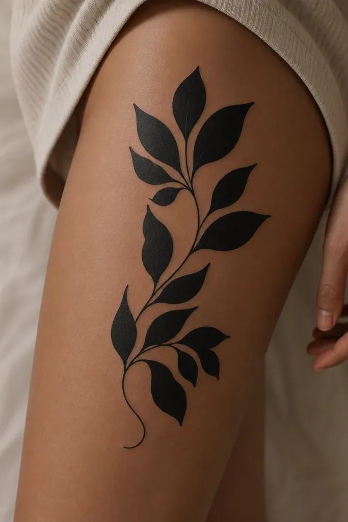 A black botanical arrangement on the thigh with large solid leaf silhouettes, one thin vine line, and small negative-space gaps between leaves.