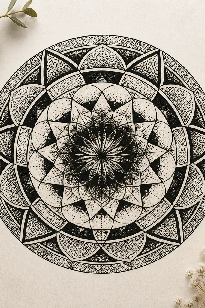 A circular mandala with thick black segments and fine dot stipple filling. The center is darker and the outer ring has geometric triangles and curved bands. Small gaps in the pattern form a clean halo around the design.