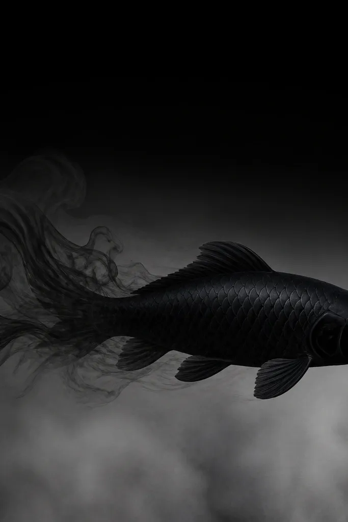 A horizontal koi fish silhouette in near-black, with flowing smoke gradients trailing behind it. The koi has thick contour lines and darker shading under the belly. The background fades from solid black at the top to smoky gray at the bottom.
