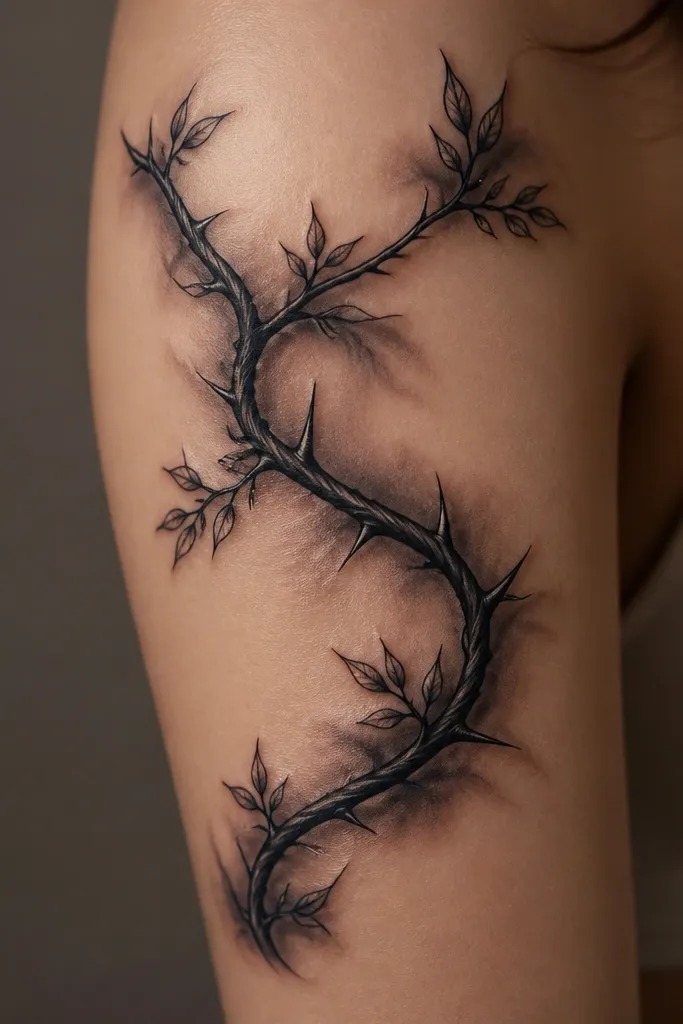 A twisting branch with thorn clusters drawn in deep black. The thorns and small leaves are outlined with thick lines, while the shading around the branch is smoky and layered. The background uses a gradient fade into the skin.