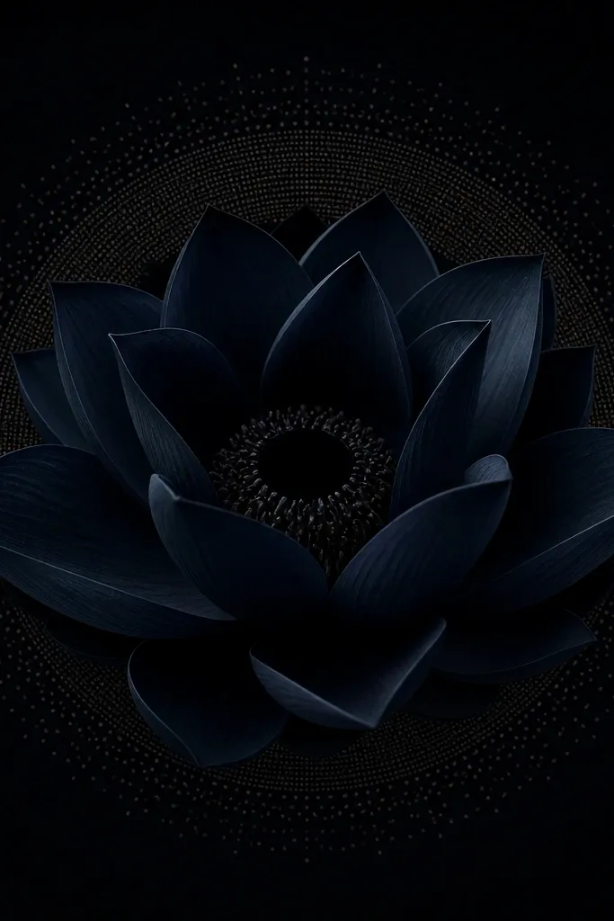 A lotus flower centered in a dark composition. The petals are mostly black but shaded with deep navy tones, visible where light hits. Small dotwork forms a subtle halo around the lotus, and the inner center is nearly solid black.