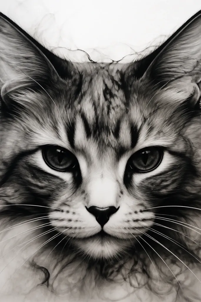 A stylized cat face in bold black outline and heavy shading. The fur is done with smoke-like gradients around the cheeks and forehead. The eyes are dark with subtle negative-space highlights, and the nose is a small crisp black shape.