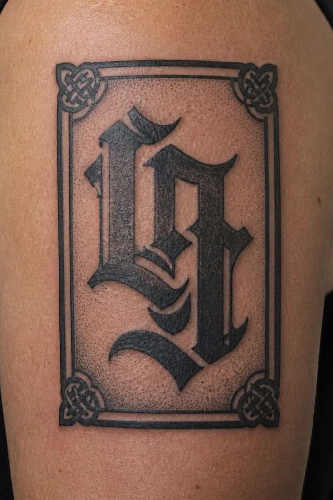 A dark rectangular banner frame around an older tattoo area. The banner has thick black borders and bold blackletter-style text, with stipple shading in the banner background. The corners have small ornamental knots.