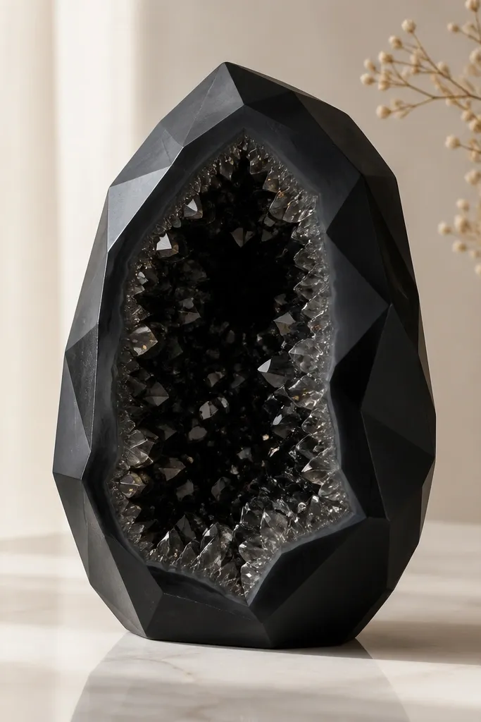 A black geode cut shape with faceted edges. The facets are shaded in deep black and charcoal, with smooth gradients that look like light moving through stone. Small dot highlights sit near the inner points, and the outer edge is a thick contour.
