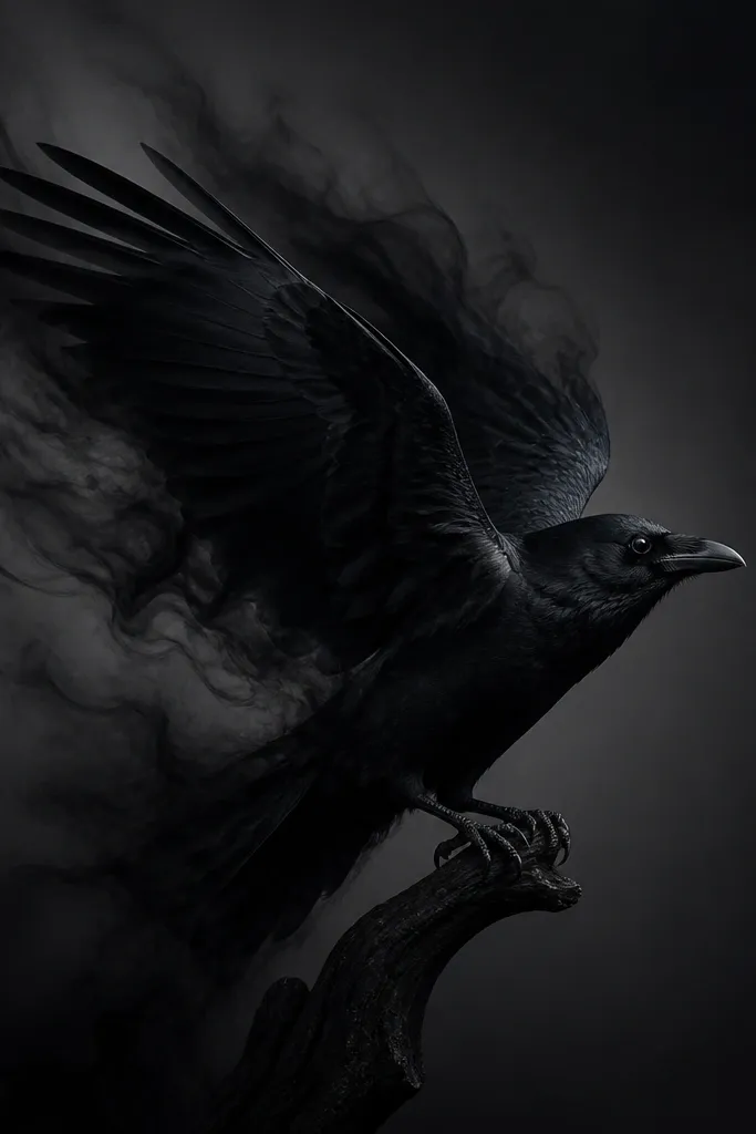 A raven perched or mid-flight in near-solid black, with a smoky hood of shading behind the wings. The smoke fades outward into gray-black gradients. The beak and claws are crisp, and the background is dark with a soft fade.