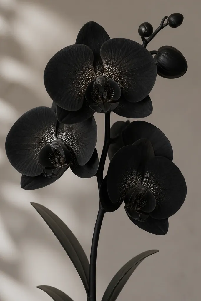 A black orchid flower with layered petal silhouettes. The petals are shaded in charcoal-black, while the center has dense dotwork that radiates outward. The stem is thin but dark, with small leaves shaded lightly.