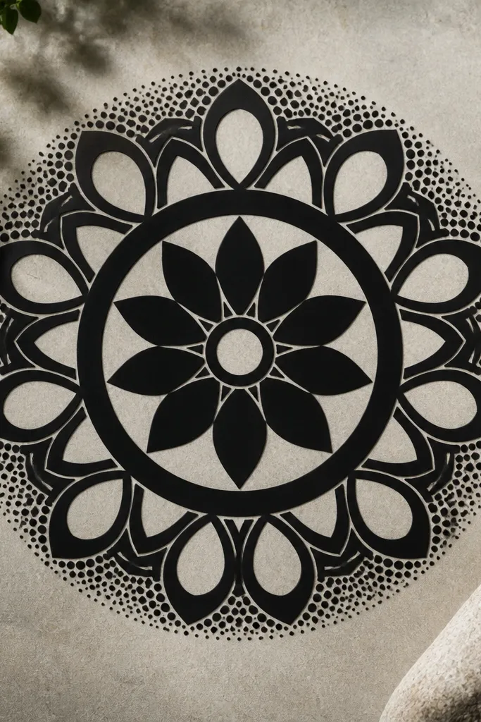 A dark mandala where the center has bold black petals and thick rings, but the design includes large clear gaps shaped like teardrops. The outer ring is stippled, and the whole thing has a crisp, high-contrast look.