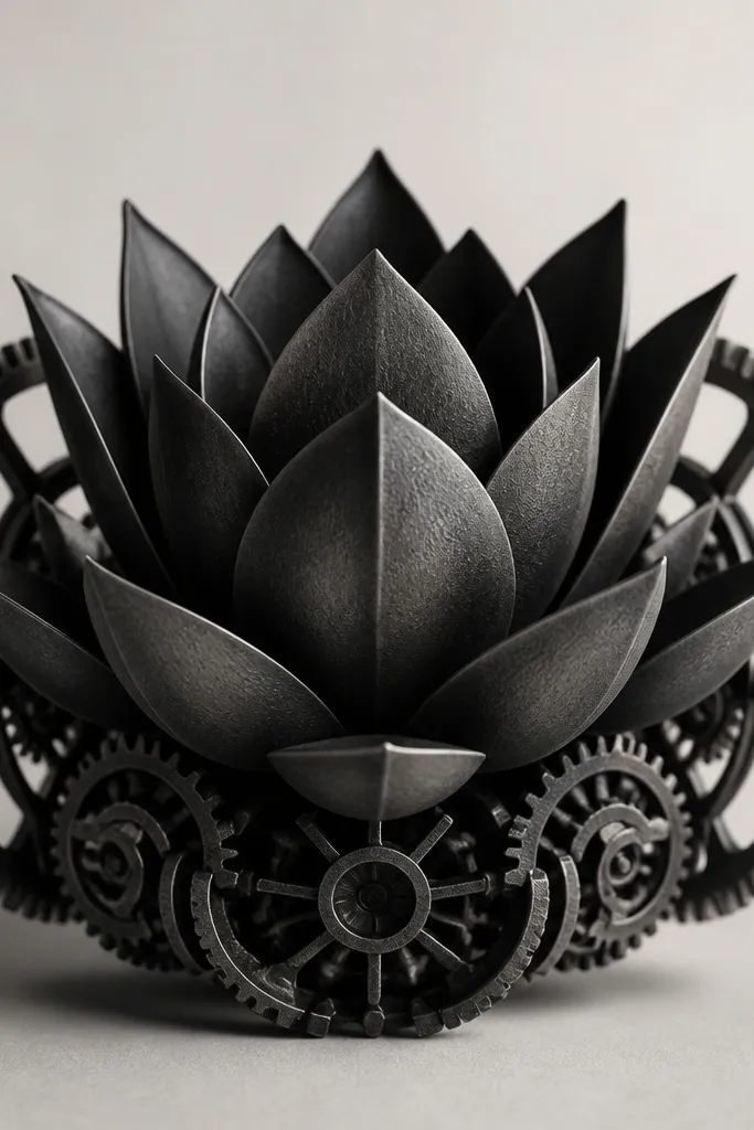 A lotus flower combined with clockwork gears in black. The lotus petals form the main silhouette, and gear teeth wrap around the sides. The shading is charcoal-black with smooth gradients, and the gears have stippled shadowing.