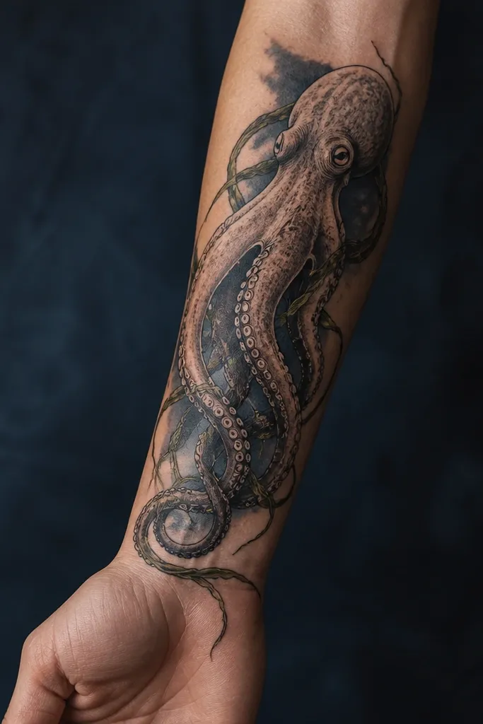 An outer forearm octopus with two main tentacles sweeping down and outward. Thin seaweed strands curl around the tentacles like ribbon ties, with a dark navy shadow wash behind.