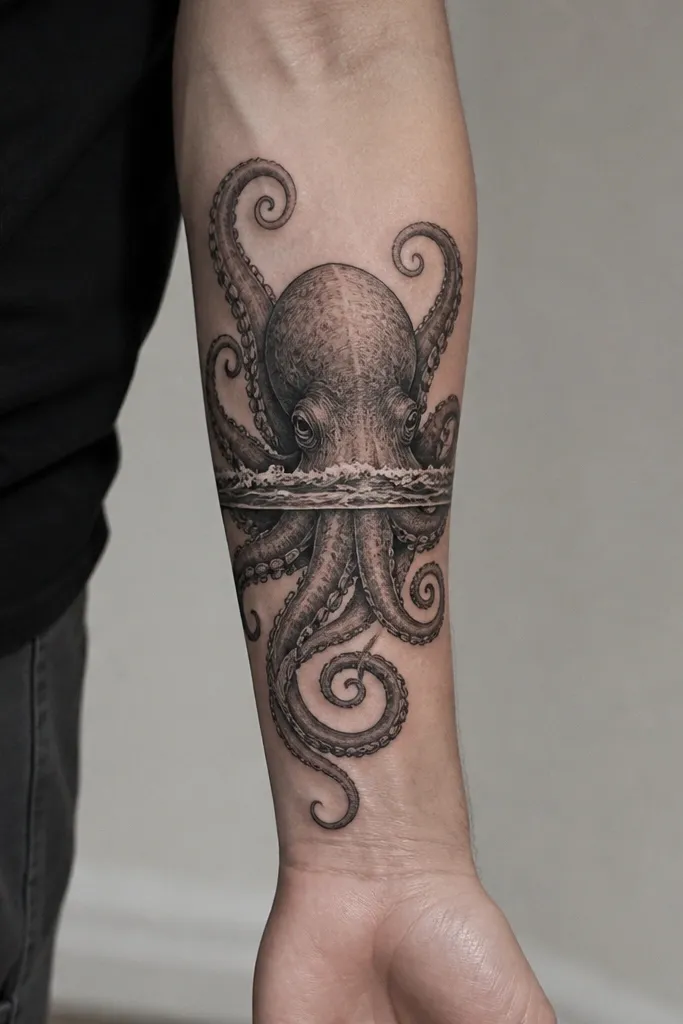 A black-and-gray octopus head on the inner forearm with tentacles curling outward. A single horizontal wave band wraps across the forearm like a collar, with tiny foam lines.